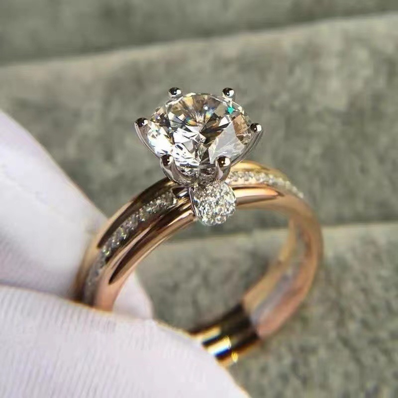 3Ct Round Cut Moissanite Tri-Color Pave Setting Sterling Silver Engagement Ring