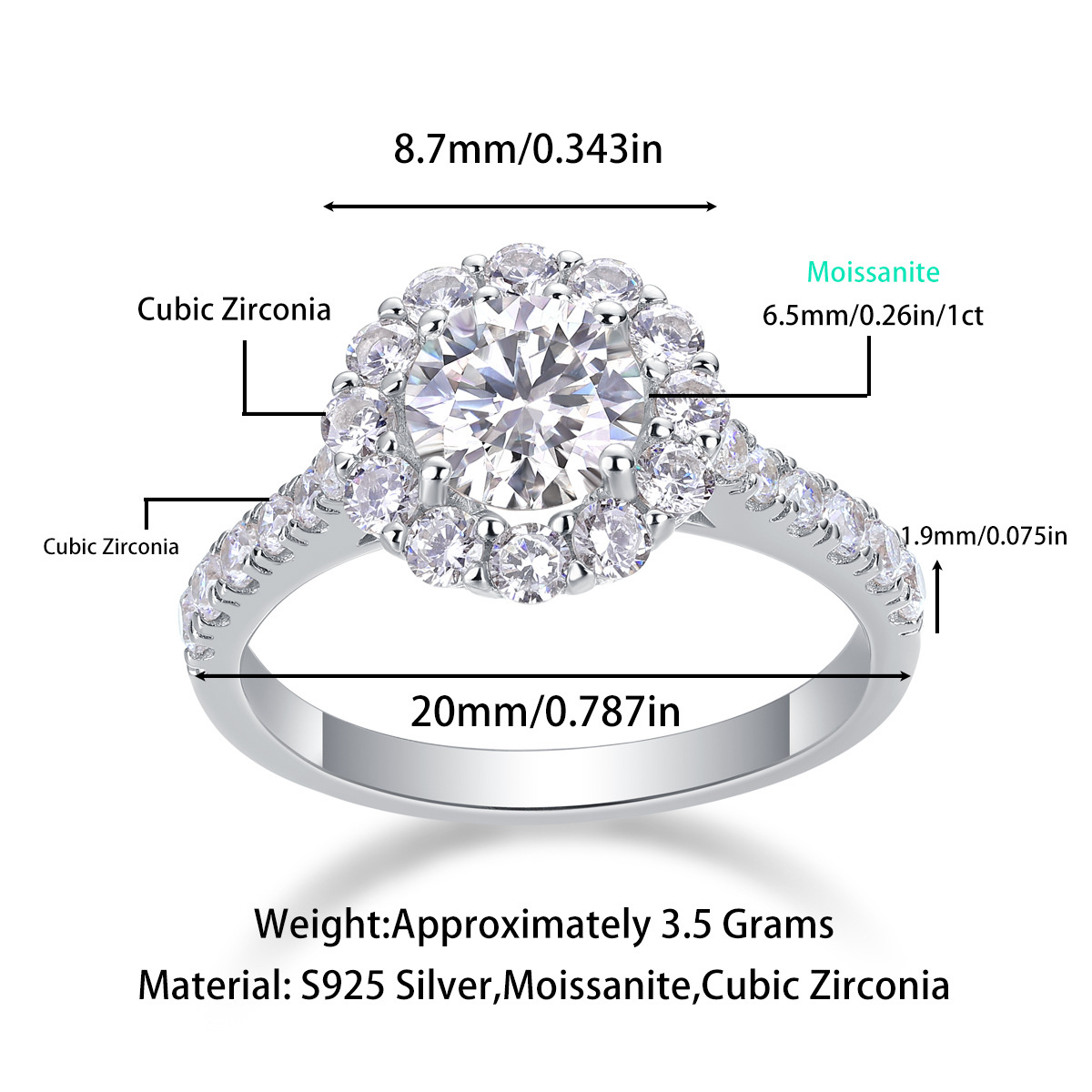 1Ct Moissanite Halo Round Cut Engagement Ring-Sterling Silver-lornajewelry