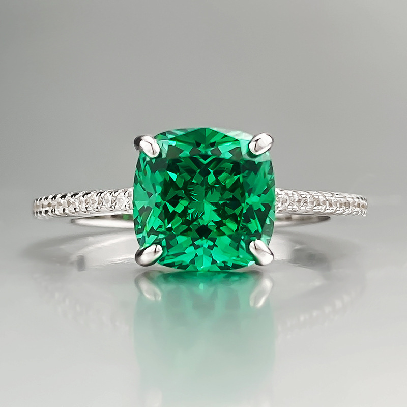 2.5Ct Green Cushion Cut Prong Setting Classic Ring-Sterling Silver-lornajewelry