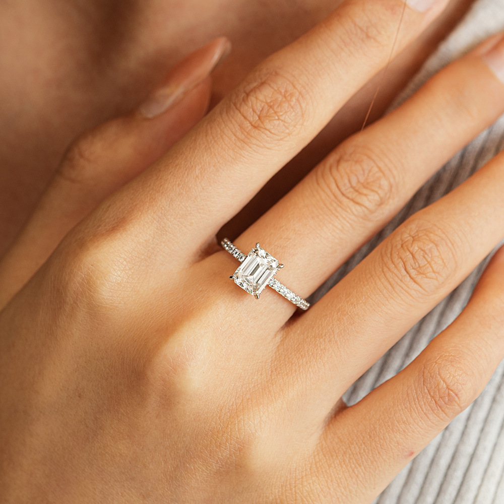 1Ct Moissanite Classic Emerald Cut Pave Engagement Ring in Sterling Silver