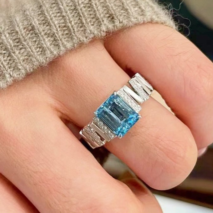 2Ct Emerald Cut Aquamarine Gemstone Ring-Sterling Silver-lornajewelry