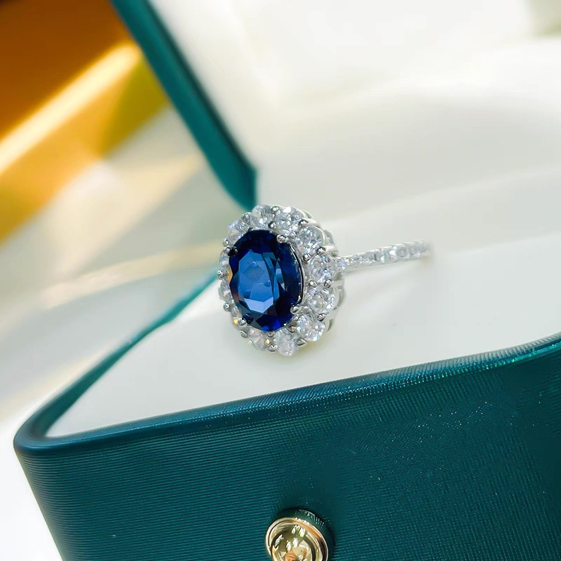 2.5Ct Oval Cut Blue Gemstone Halo Design Ring-Sterling Silver-lornajewelry