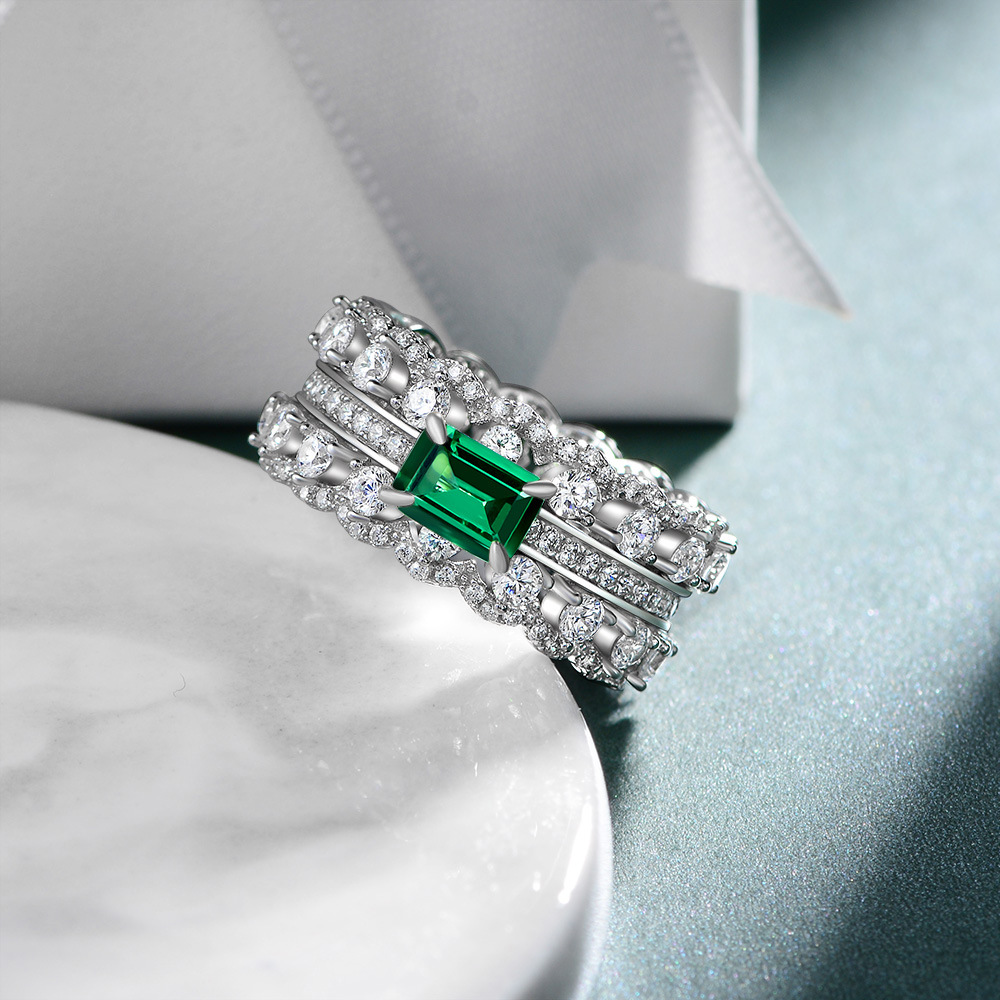 1Ct Emerald Cut Emerald Micro Pave Ring-Sterling Silver-lornajewelry
