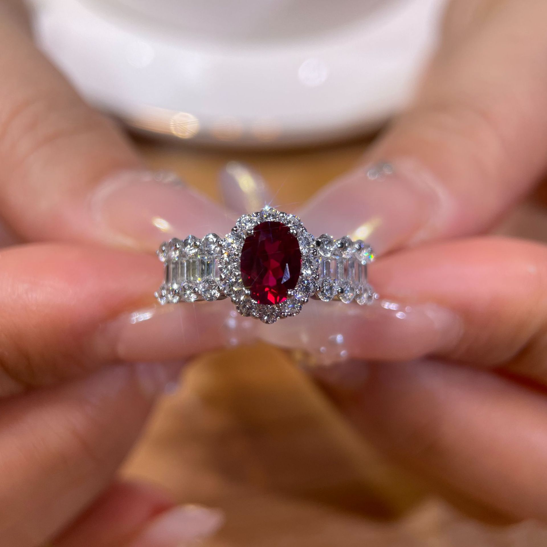 1Ct Ruby Oval Halo Pave Ring with Baguette Accent-Sterling Silver-lornajewelry