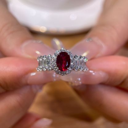 1Ct Ruby Oval Halo Pave Ring with Baguette Accent-Sterling Silver-lornajewelry