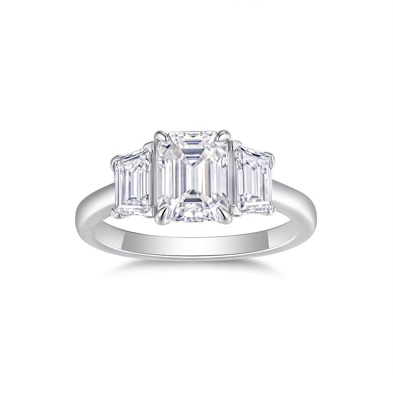 5Ct Emerald Cut Moissanite Three-Stone Sterling Silver Engagement Ring