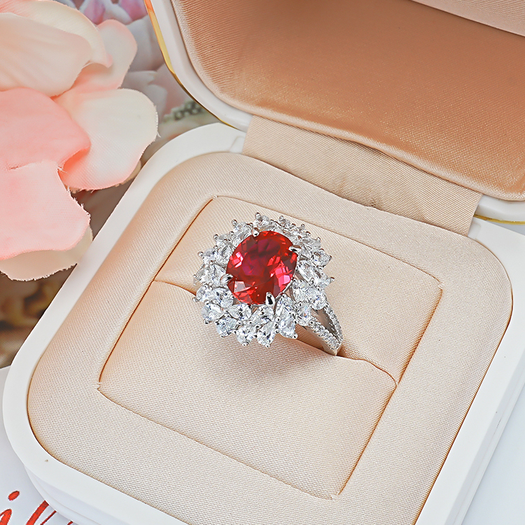 3.5Ct Oval Cut Red Gemstone Floral Diamond Halo Ring-Sterling Silver-lornajewelry