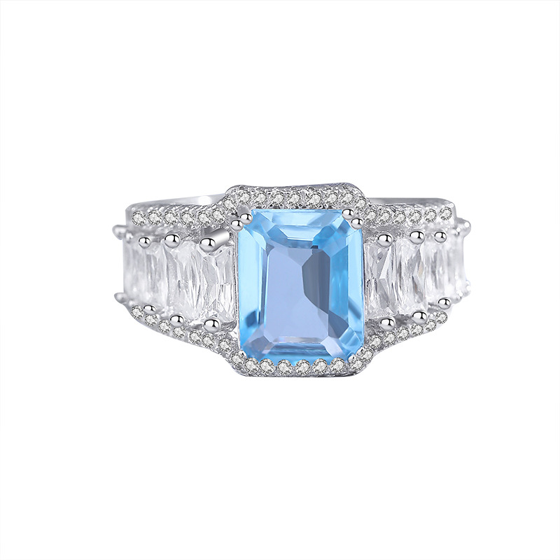 3Ct Aquamarine Blue Emerald Cut Pave Setting Vintage Ring-Sterling Silver-lornajewelry