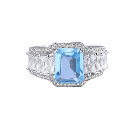 3Ct Aquamarine Blue Emerald Cut Pave Setting Vintage Ring-Sterling Silver-lornajewelry