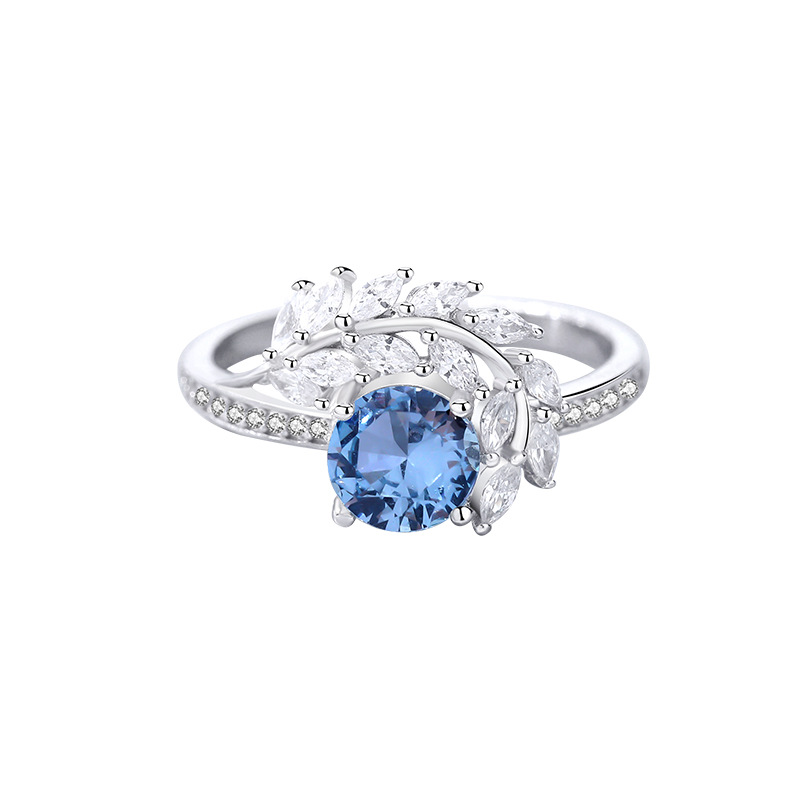 1Ct Moissanite Blue Round Cut Gemstone Leaf Marquise Setting Elegant Ring-Sterling Silver-lornajewelry
