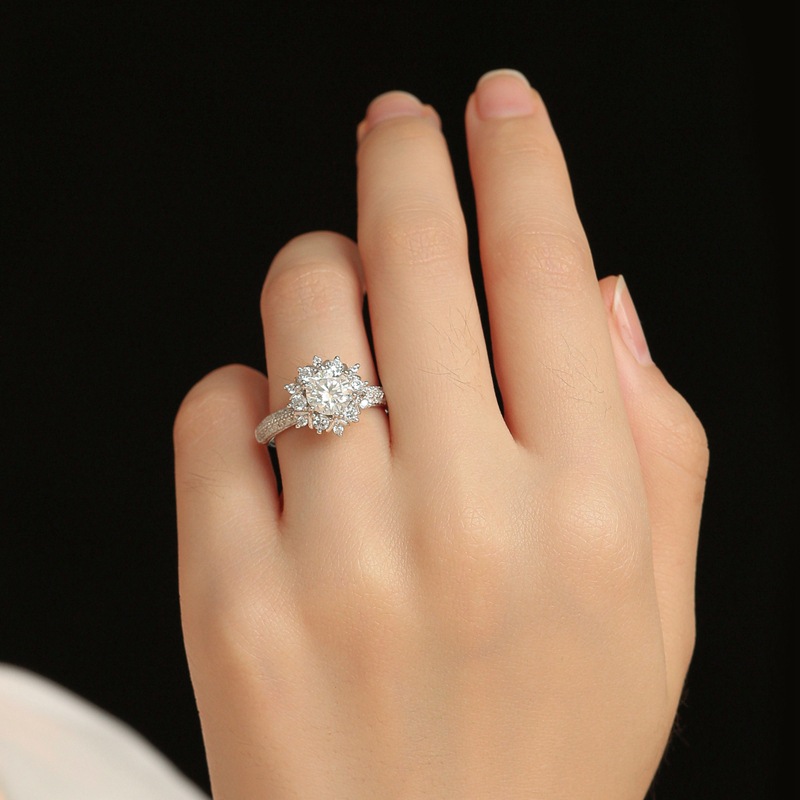 1Ct Moissanite Floral Halo Pave Engagement Ring