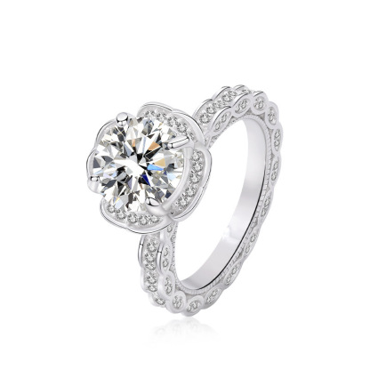 3Ct Moissanite Round Cut Diamond Flower Petal Design Halo Ring-Sterling Silver-lornajewelry