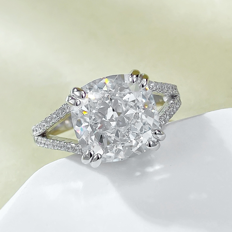5Ct Cushion Cut White Split Shank Pave Setting Ring-Sterling Silver-lornajewelry