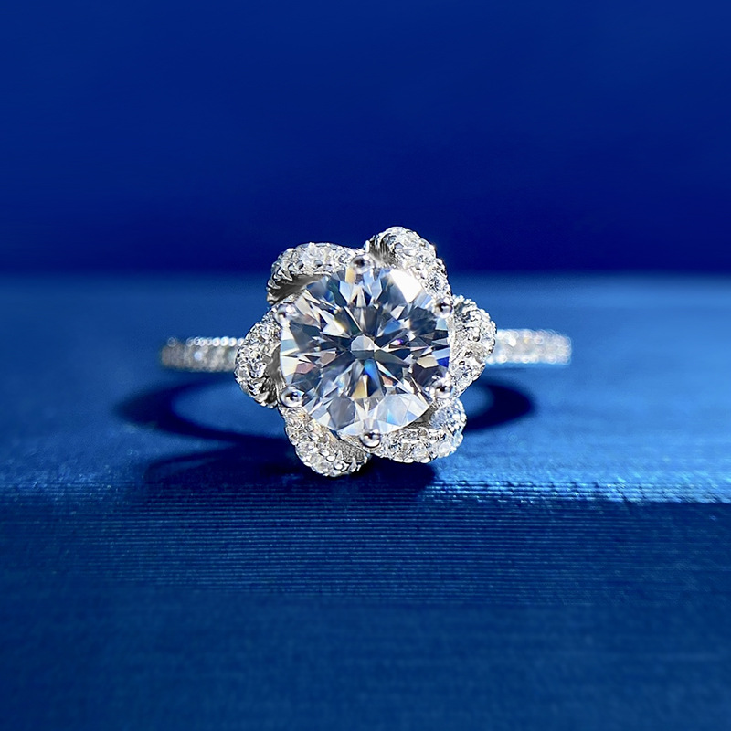 1Ct White Round Cut Flower Design Pave Setting Ring-Sterling Silver-lornajewelry