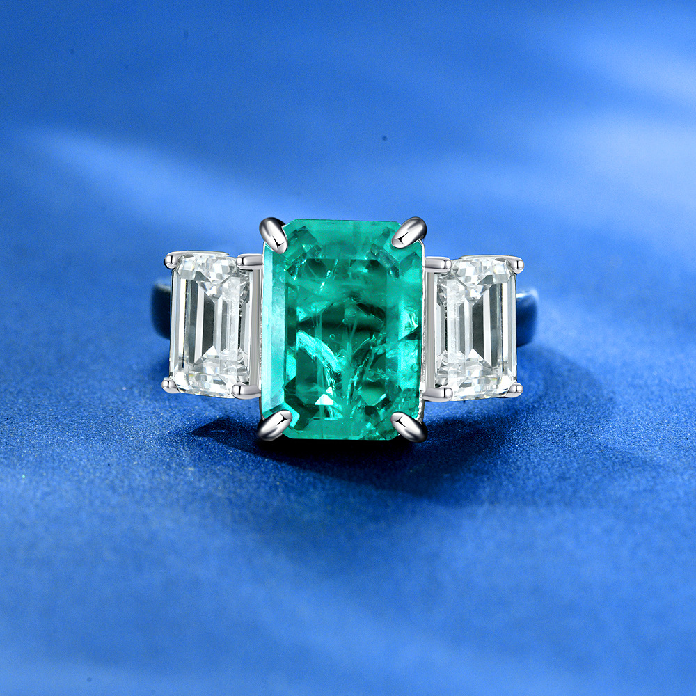 4Ct Emerald Cut Green Three-Stone Engagement Ring For Women In Sterling Silver