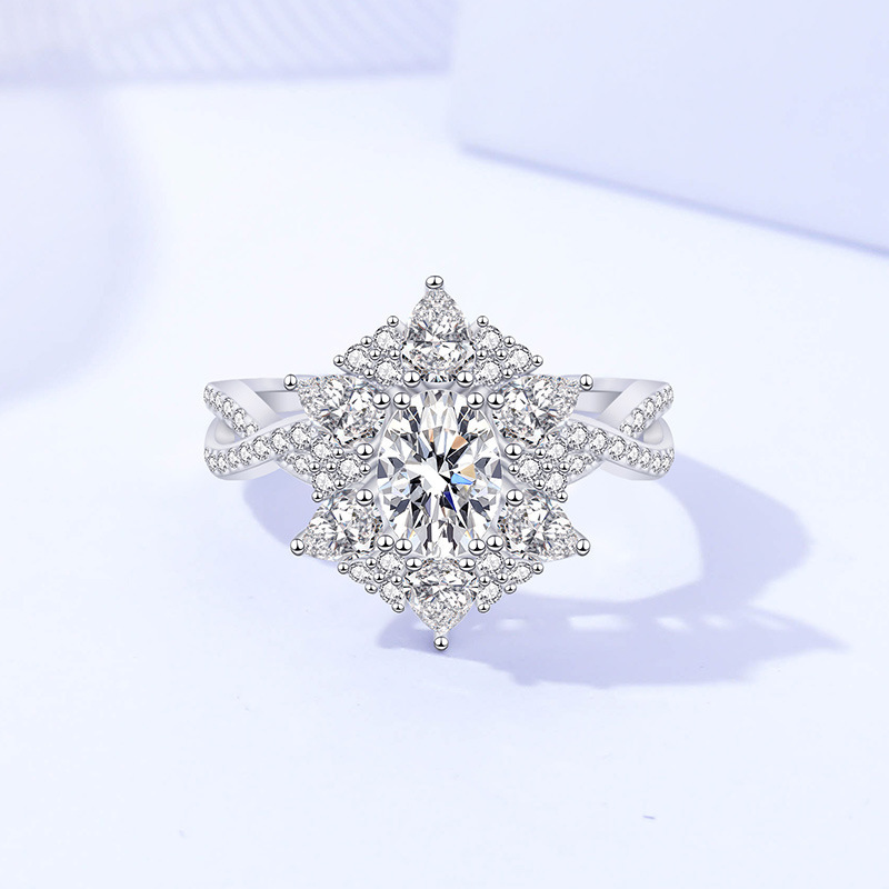 1Ct Moissanite Round Cut Flower Design Halo Ring-Sterling Silver-lornajewelry