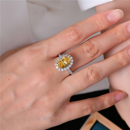 3Ct Oval Cut Yellow Halo Pave Setting Gemstone Ring-Sterling Silver-lornajewelry