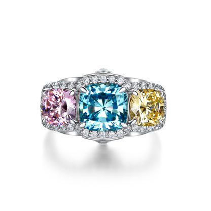 3Ct Tricolor Cushion Cut Three Stone Halo Setting Ring-Sterling Silver-lornajewelry