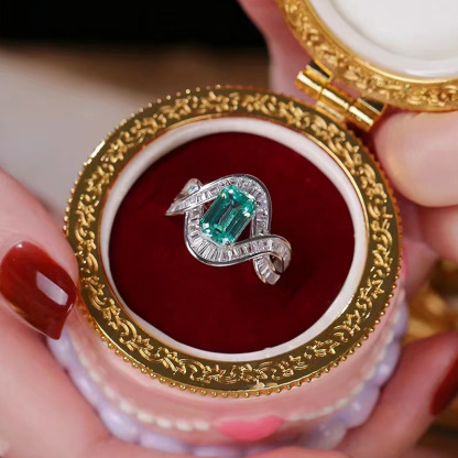 1Ct Paraiba Emerald Cut Pave Set Vintage Style Ring-Sterling Silver-lornajewelry