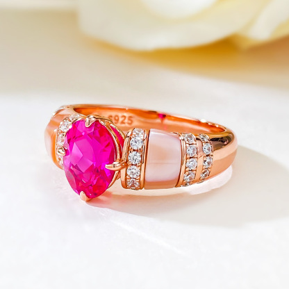 1Ct Rose Red Oval Cut Mother-of-Pearl Pave Setting Ring-Sterling Silver-lornajewelry