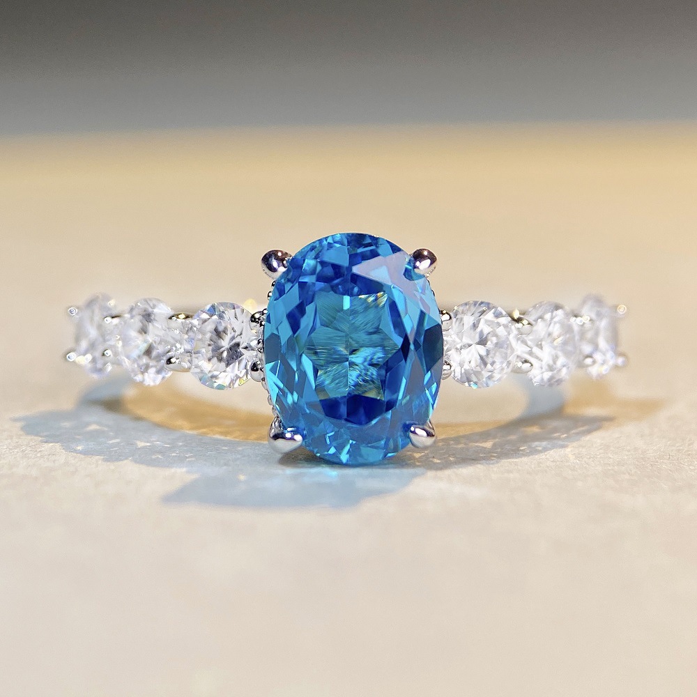 3Ct Aquamarine Blue Oval Cut Three-Stone Side Design Engagement Ring in Sterling Silver