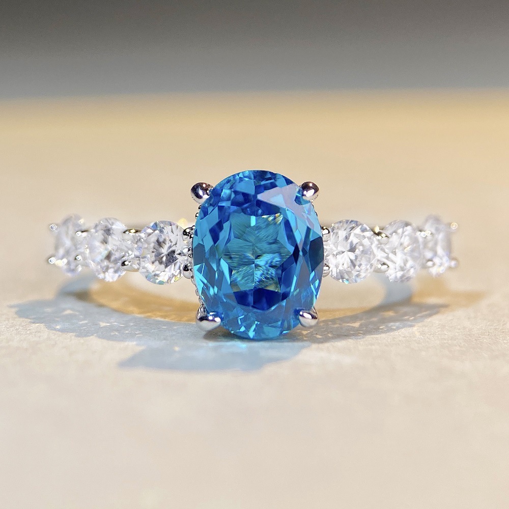 3Ct Aquamarine Blue Oval Cut Three-Stone Side Design Engagement Ring in Sterling Silver