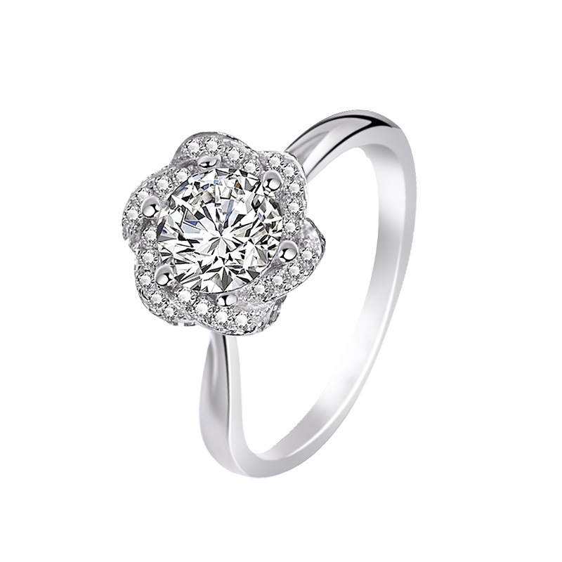 1Ct Moissanite Round Cut Flower Halo Ring-Sterling Silver-lornajewelry