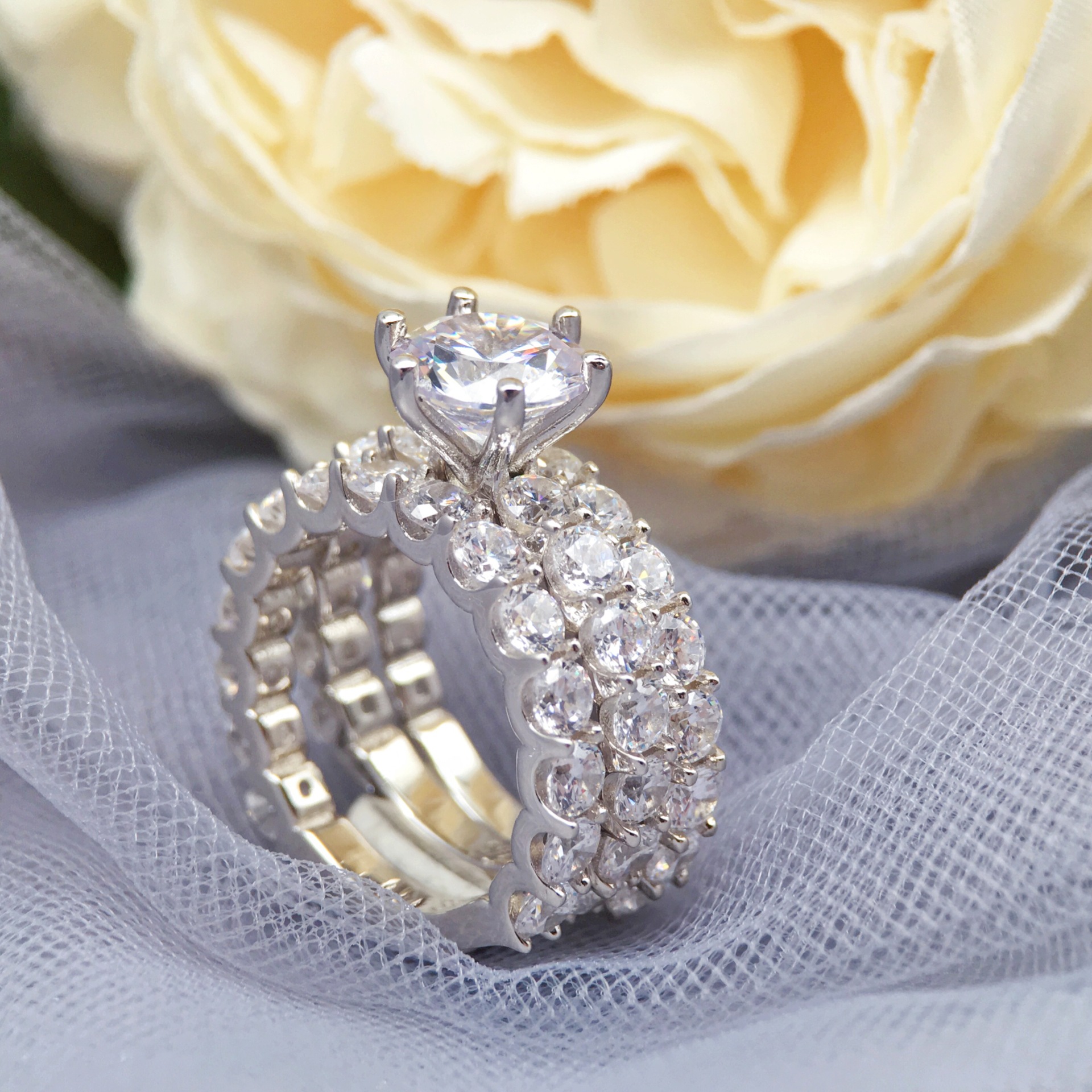 2Ct Round 3-Piece Wedding Ring Set in Sterling Silver