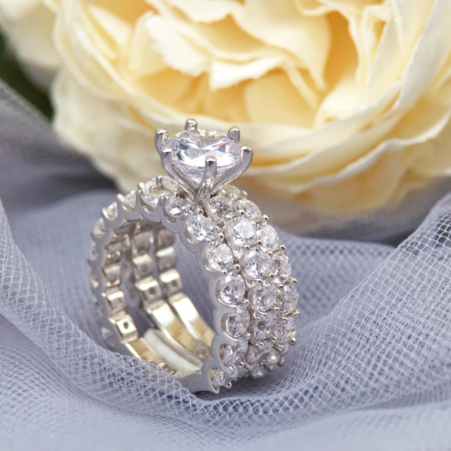 2Ct Round 3-Piece Wedding Ring Set in Sterling Silver