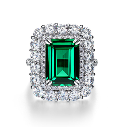 7Ct Green Emerald Cut Halo Setting Classic Ring-Sterling Silver-lornajewelry