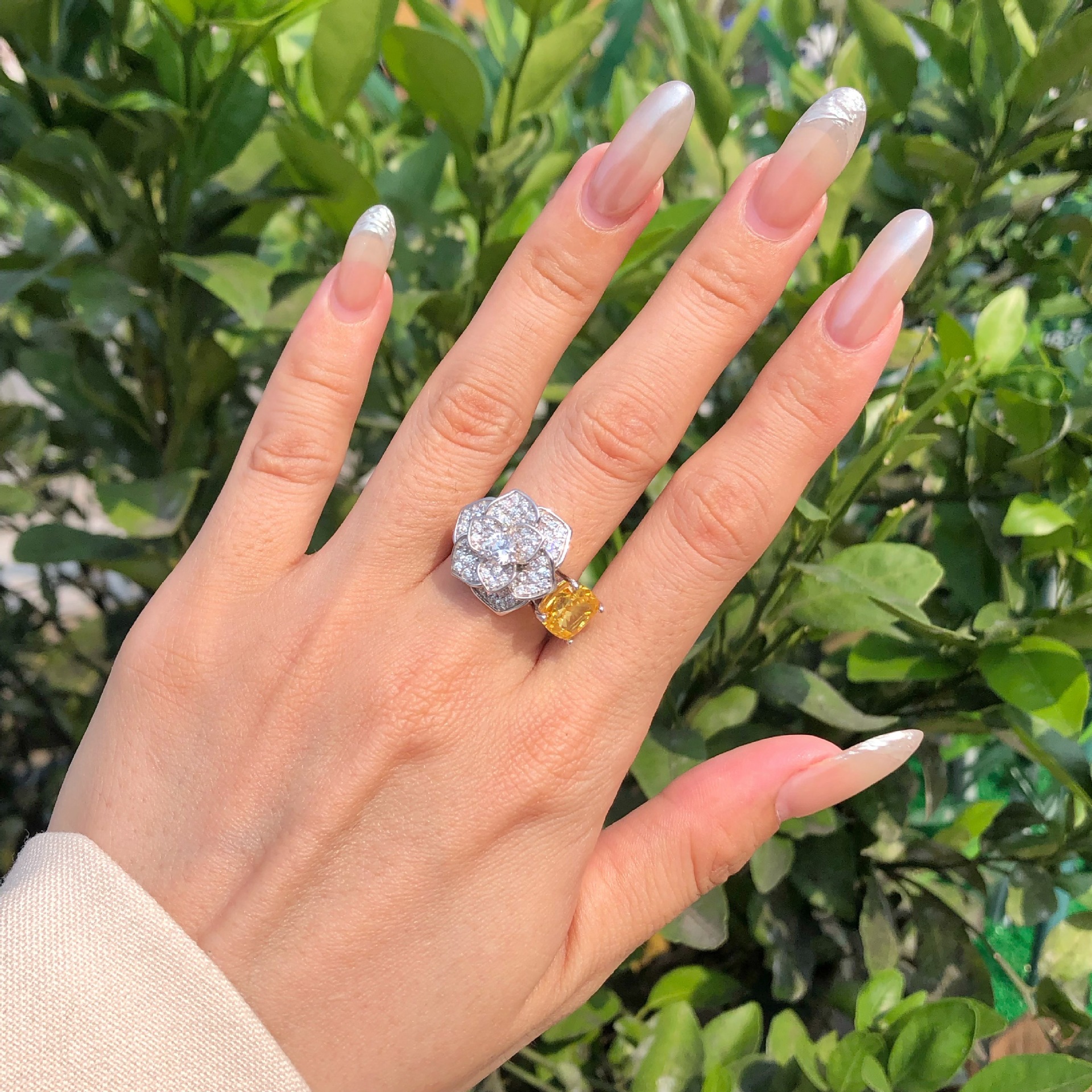 3Ct Yellow Cushion Cut Floral Pave Ring-Sterling Silver-lornajewelry