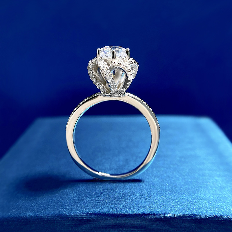 1Ct White Round Cut Flower Design Pave Setting Ring-Sterling Silver-lornajewelry