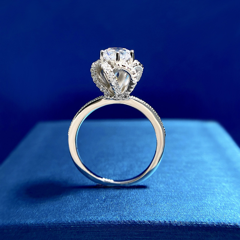 1Ct White Round Cut Flower Design Pave Setting Ring-Sterling Silver-lornajewelry