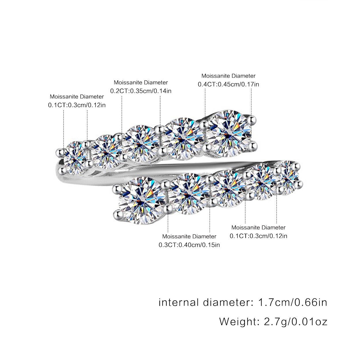 Moissanite Graduated Round Cut Two-Row Wrap Band in Sterling Silver