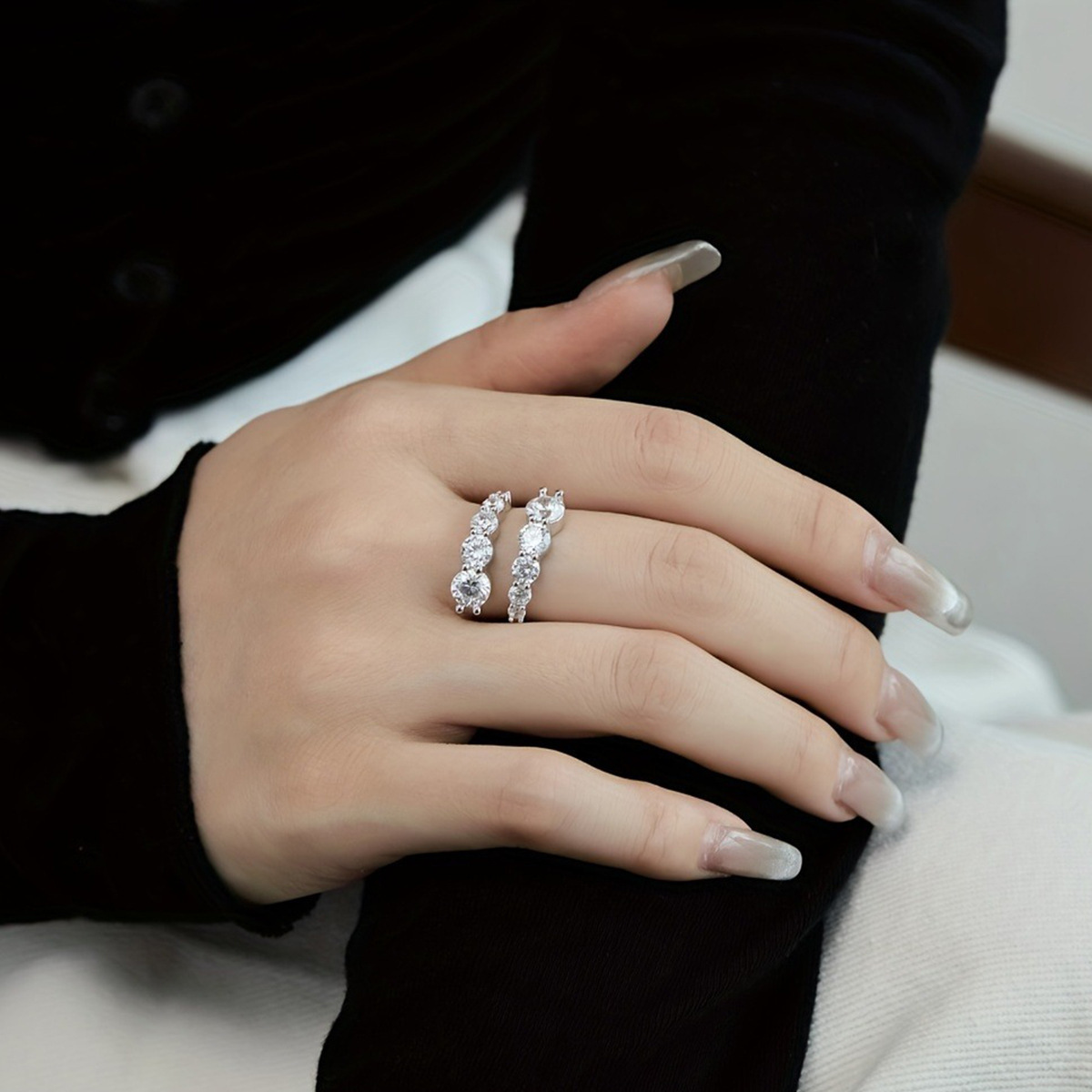 Moissanite Graduated Round Cut Two-Row Wrap Band in Sterling Silver