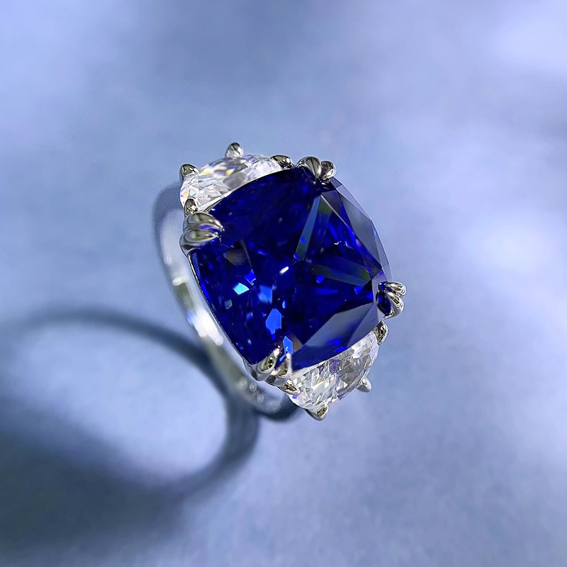 11Ct Blue Cushion Cut Prong Setting Classic Style Ring-Sterling Silver-lornajewelry