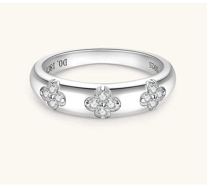 Moissanite Lucky Four Leaf Clover Design Wedding Band Ring In Sterling Silver