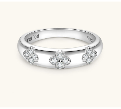 Moissanite Lucky Four Leaf Clover Design Wedding Band Ring In Sterling Silver