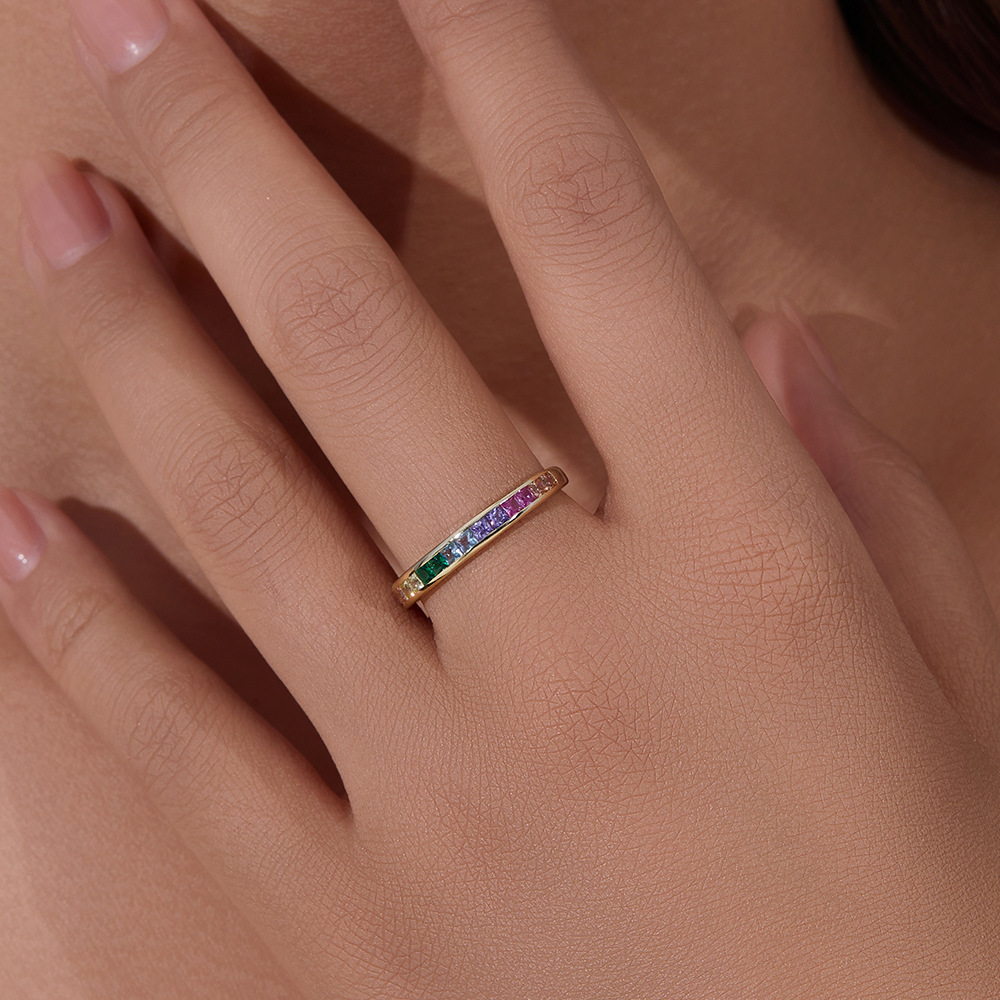 Micro-Pavé Square Rainbow Zircon Wedding Band in Sterling Silver