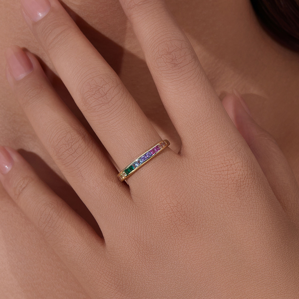Micro-Pavé Square Rainbow Zircon Wedding Band in Sterling Silver