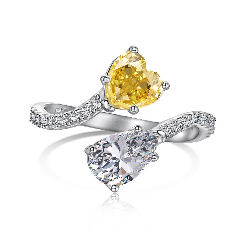 1Ct+1Ct Yellow Heart and White Pear Cut Bypass Ring-Sterling Silver-lornajewelry
