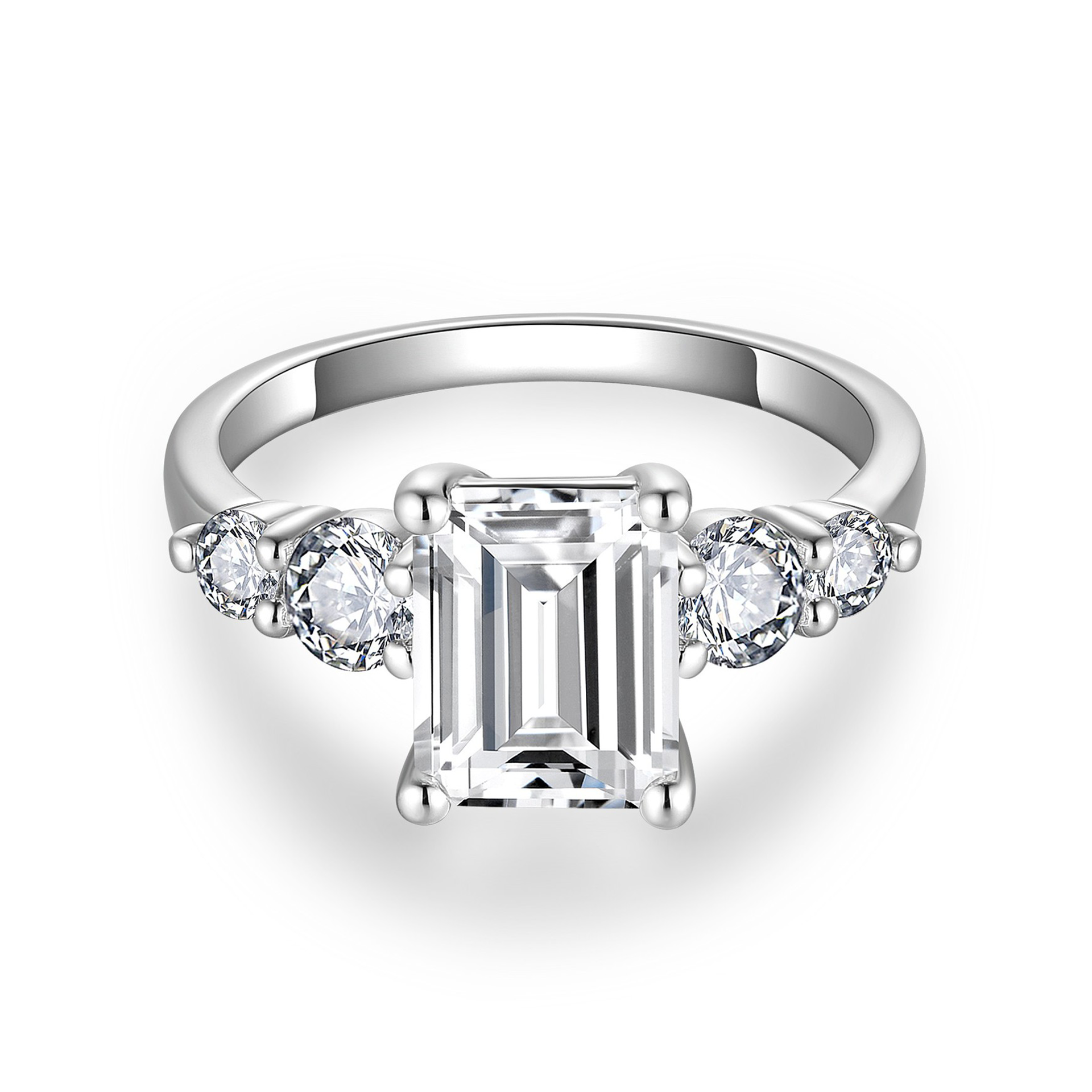 3Ct Moissanite Emerald Cut Side Chic Five-Stone Sterling Silver Engagement Ring