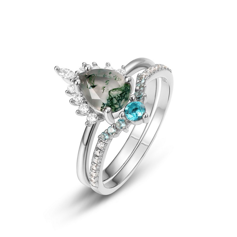 2Ct Yellow Gold Pear Cut Natural Moss Agate Wedding Ring Set In Sterling Silver-Sterling Silver-lornajewelry