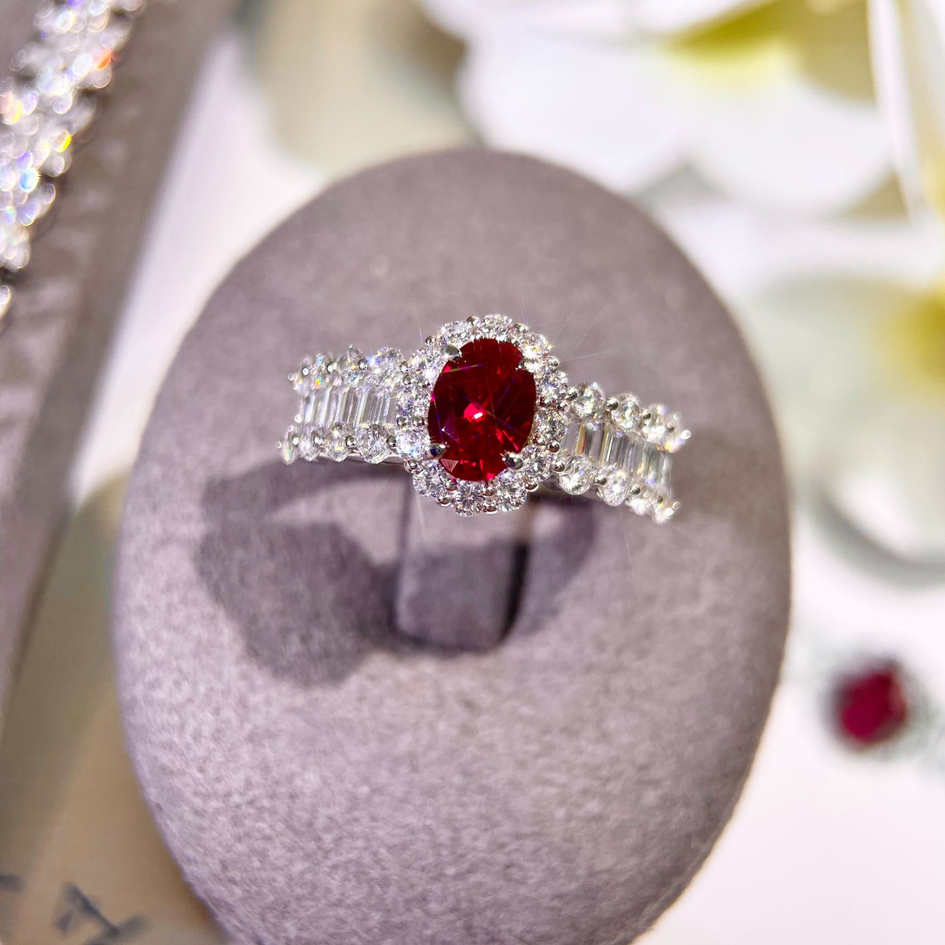 1Ct Ruby Oval Halo Pave Ring with Baguette Accent-Sterling Silver-lornajewelry