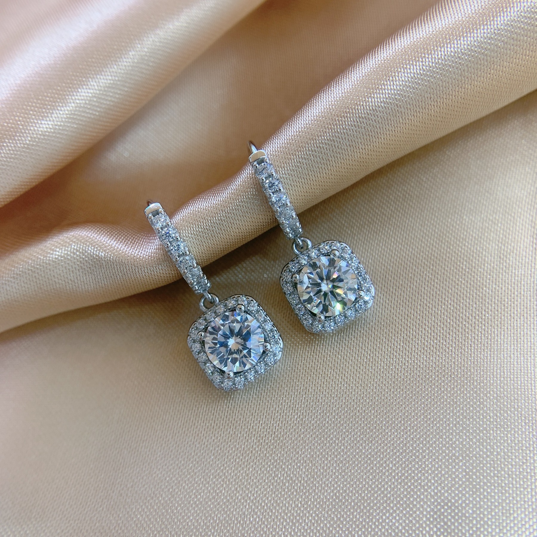 Moissanite Square Halo Drop Earrings