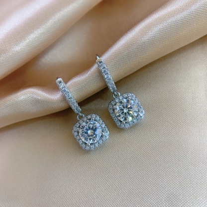 Moissanite Square Halo Drop Earrings