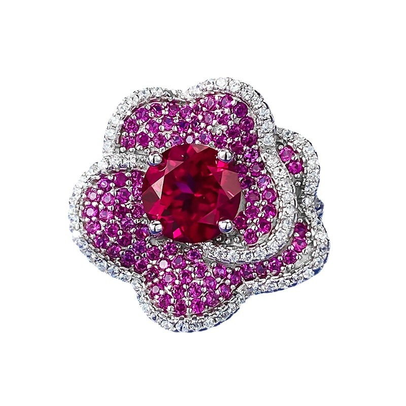 2Ct Round Cut Ruby Pave Flower Ring-Sterling Silver-lornajewelry
