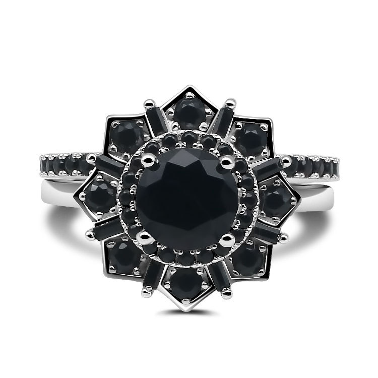 1.5Ct Black Stone Double Halo Starburst Wedding Ring Set in Sterling Silver-Sterling Silver-lornajewelry
