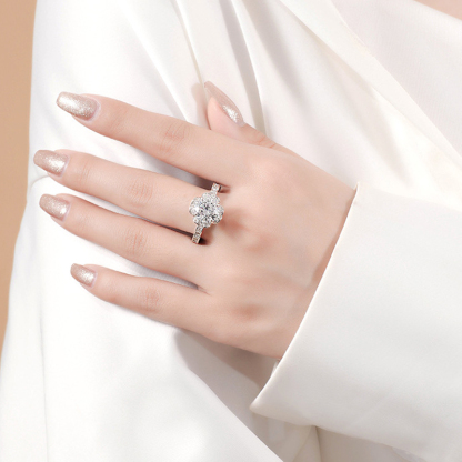 3Ct Moissanite Round Cut Diamond Flower Petal Design Halo Ring-Sterling Silver-lornajewelry