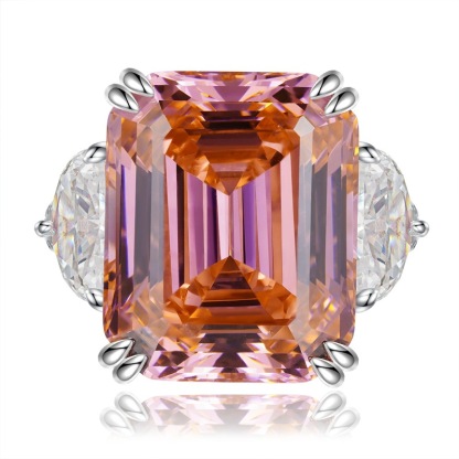 15Ct Emerald Cut Pink Diamond Three Stone Ring-Sterling Silver-lornajewelry